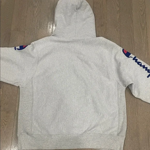 Champion Light Gray Hoodie 😍 Reverse Weave Flock Arm Script  Sweatshirt • Large - Picture 5 of 15